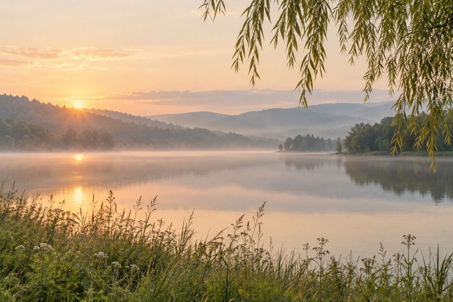 Soft morning light over a still lake beneath willow branches